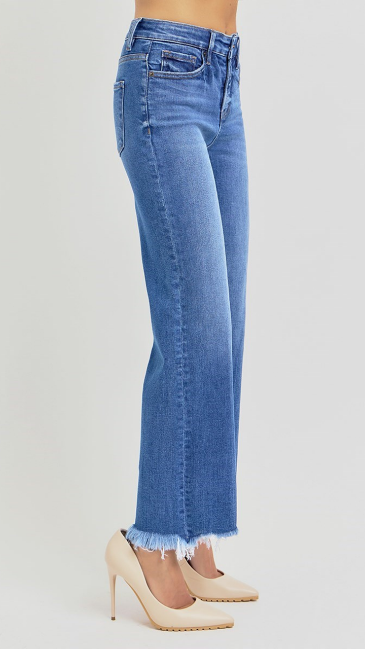 High Rise Tummy Control Medium Wash Frayed Bottom Straight Jeans
