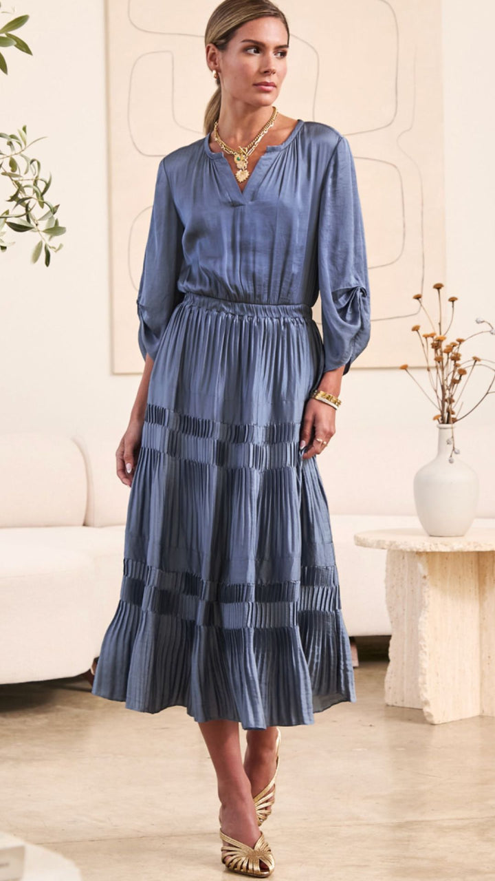 Slate Blue Pleated Midi Dress