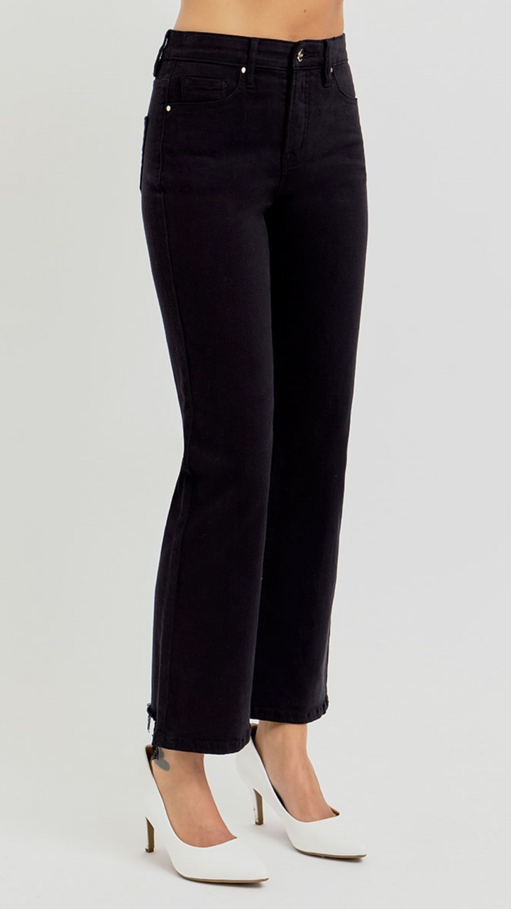 High Rise Tummy Control Jet Black Crop Straight Jeans