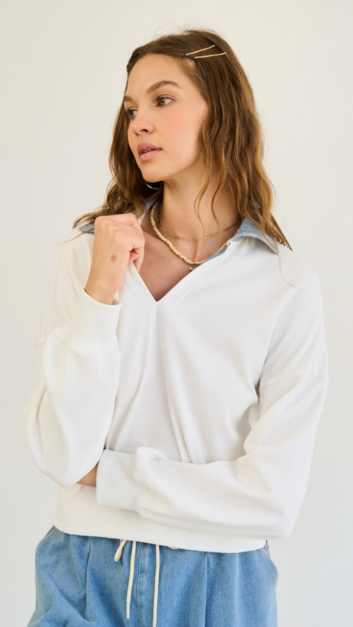 Twill Knit Side Zip Pullover with Denim Collar