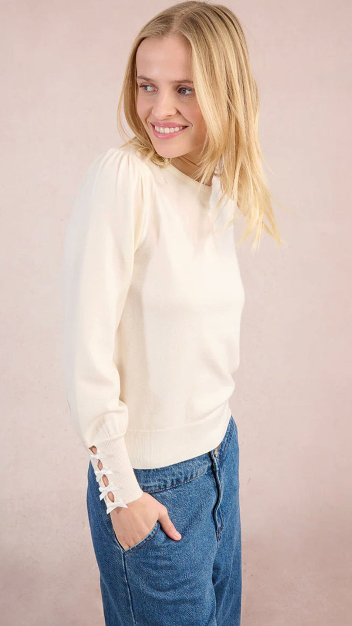Off White Bow Detail Long Sleeve Knit Top