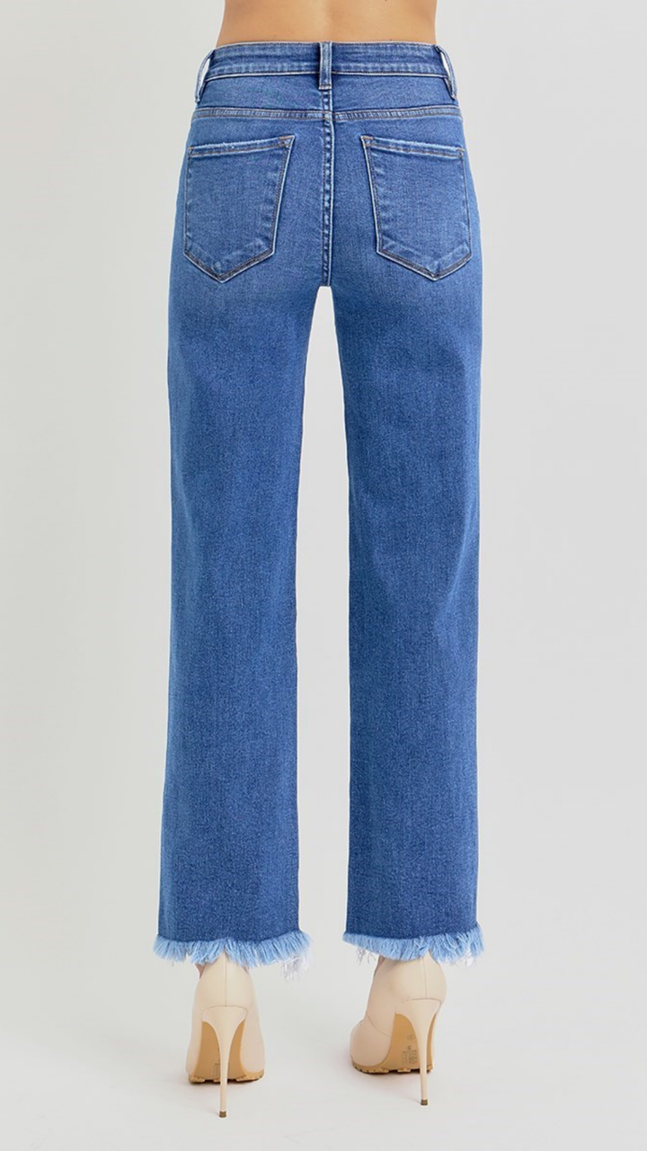High Rise Tummy Control Medium Wash Frayed Bottom Straight Jeans