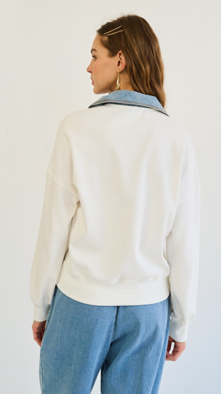 Twill Knit Side Zip Pullover with Denim Collar