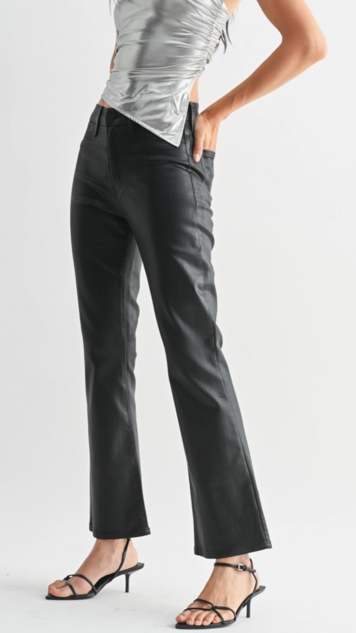 Mid Rise Coated Black Slim Cropped Bootcut Jeans