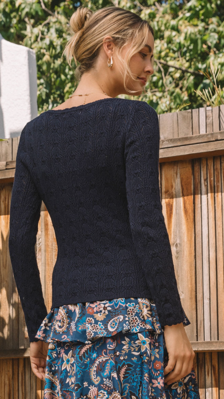 Navy Pointelle Knit Scallop Detail Cardigan