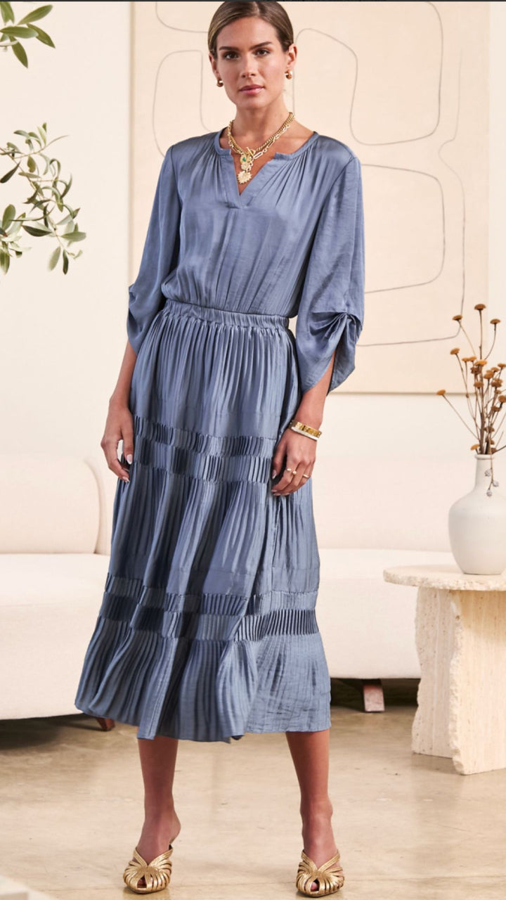 Slate Blue Pleated Midi Dress