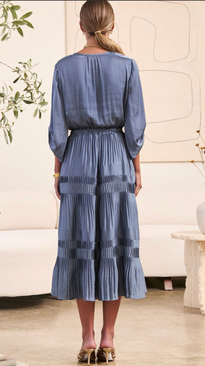Slate Blue Pleated Midi Dress