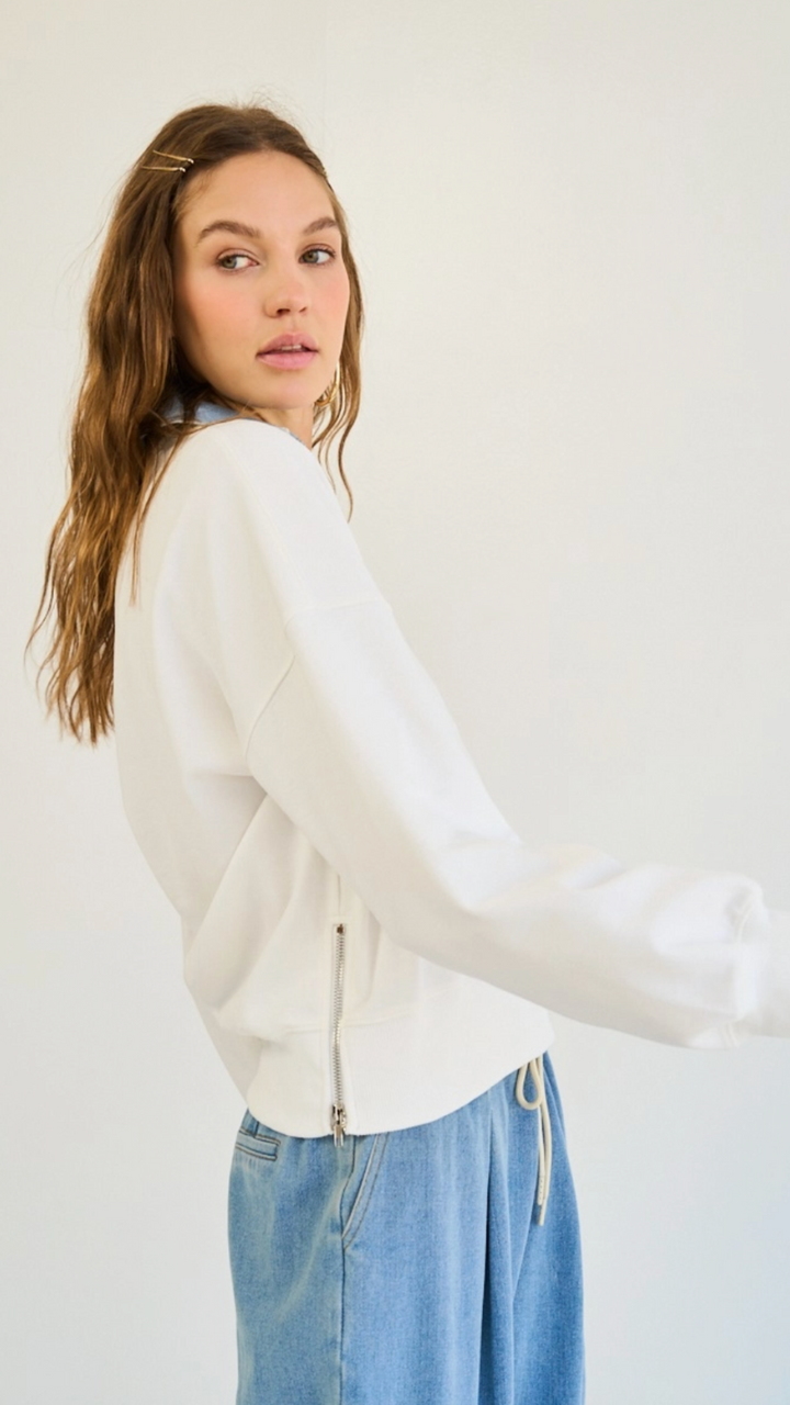 Twill Knit Side Zip Pullover with Denim Collar