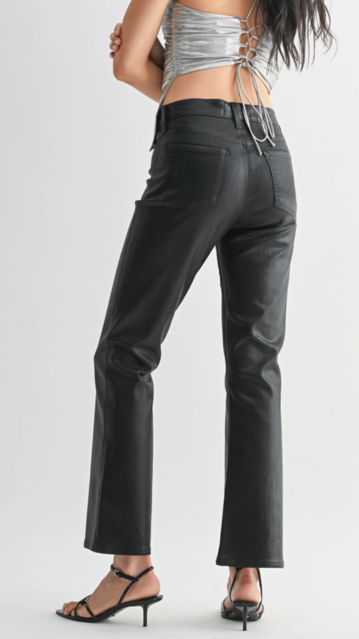 Mid Rise Coated Black Slim Cropped Bootcut Jeans