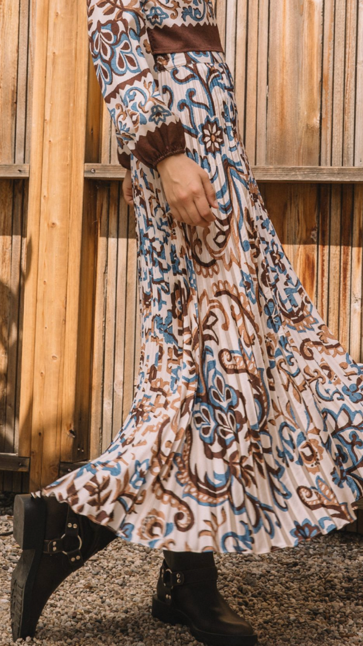 Printed Pleated Midi Skirt