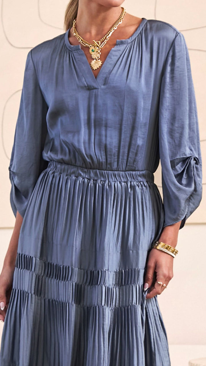 Slate Blue Pleated Midi Dress