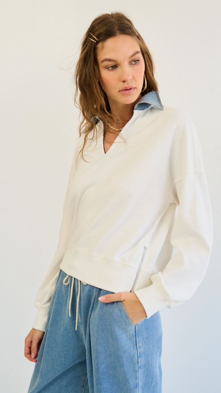 Twill Knit Side Zip Pullover with Denim Collar