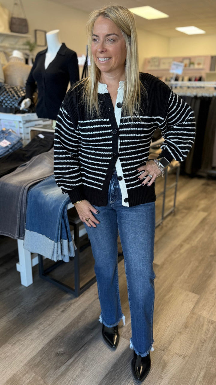 Black And Cream Stripe Balloon Sleeve Cardigan