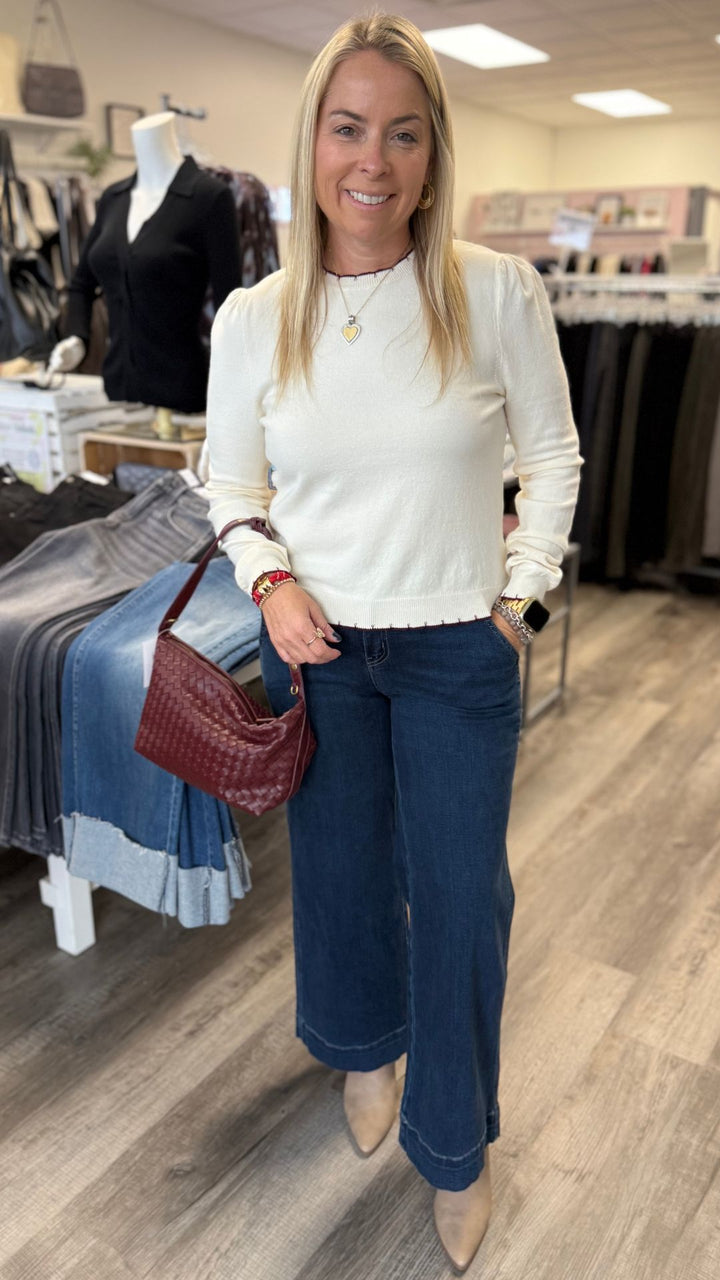 Ivory And Wine Contrast Knit Scalloped Edge Sweater