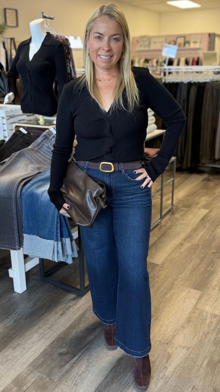 Front Twist V Neck Collared Sweater Knit Top