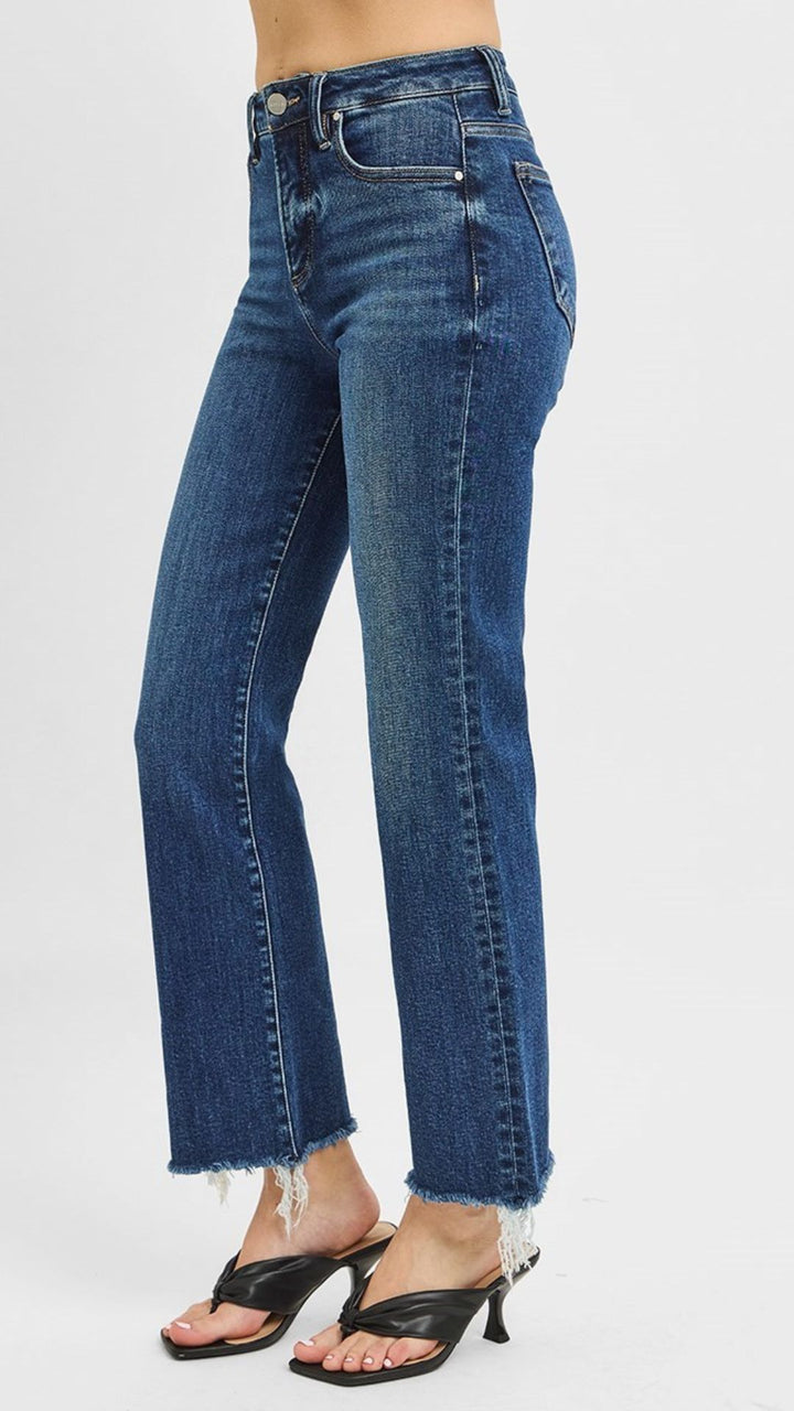 High Rise Tummy Control  Dark Wash Frayed Straight Jeans