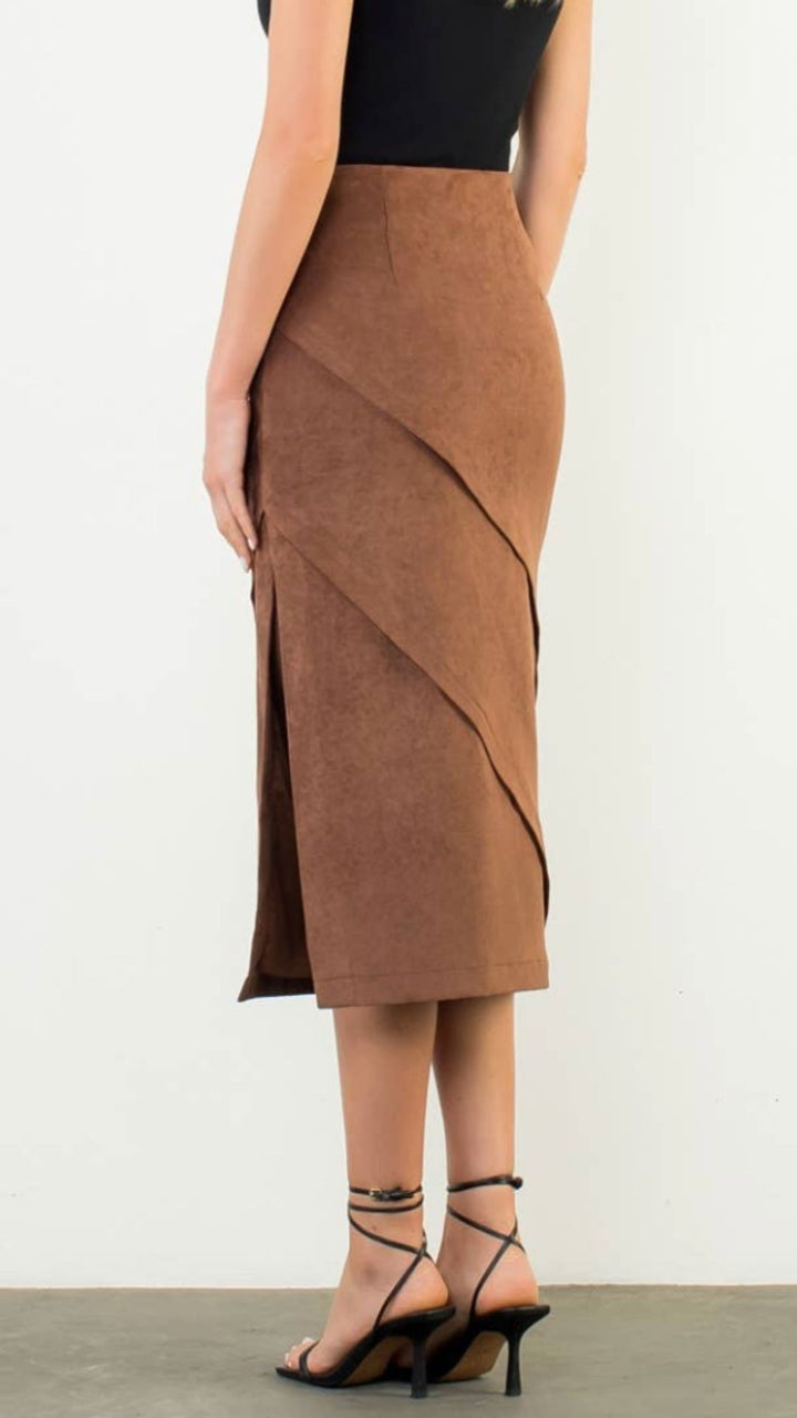 Brown Suede Wrap Detail Midi Skirt
