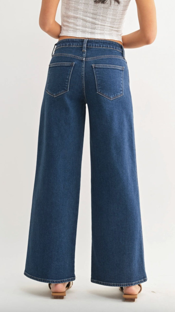 Mid Rise Dark Wash Full Length Seamed Wide Leg Jeans