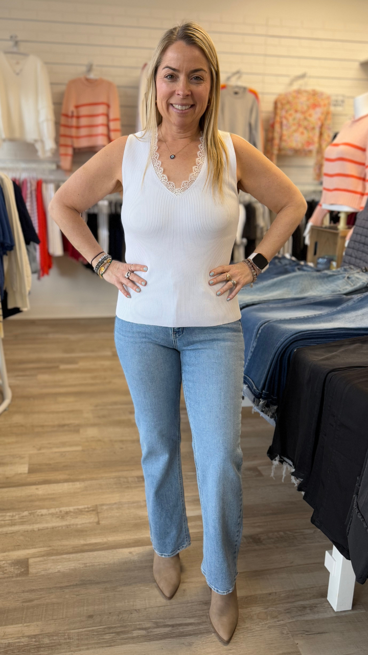 White Lace Trim Knit Tank