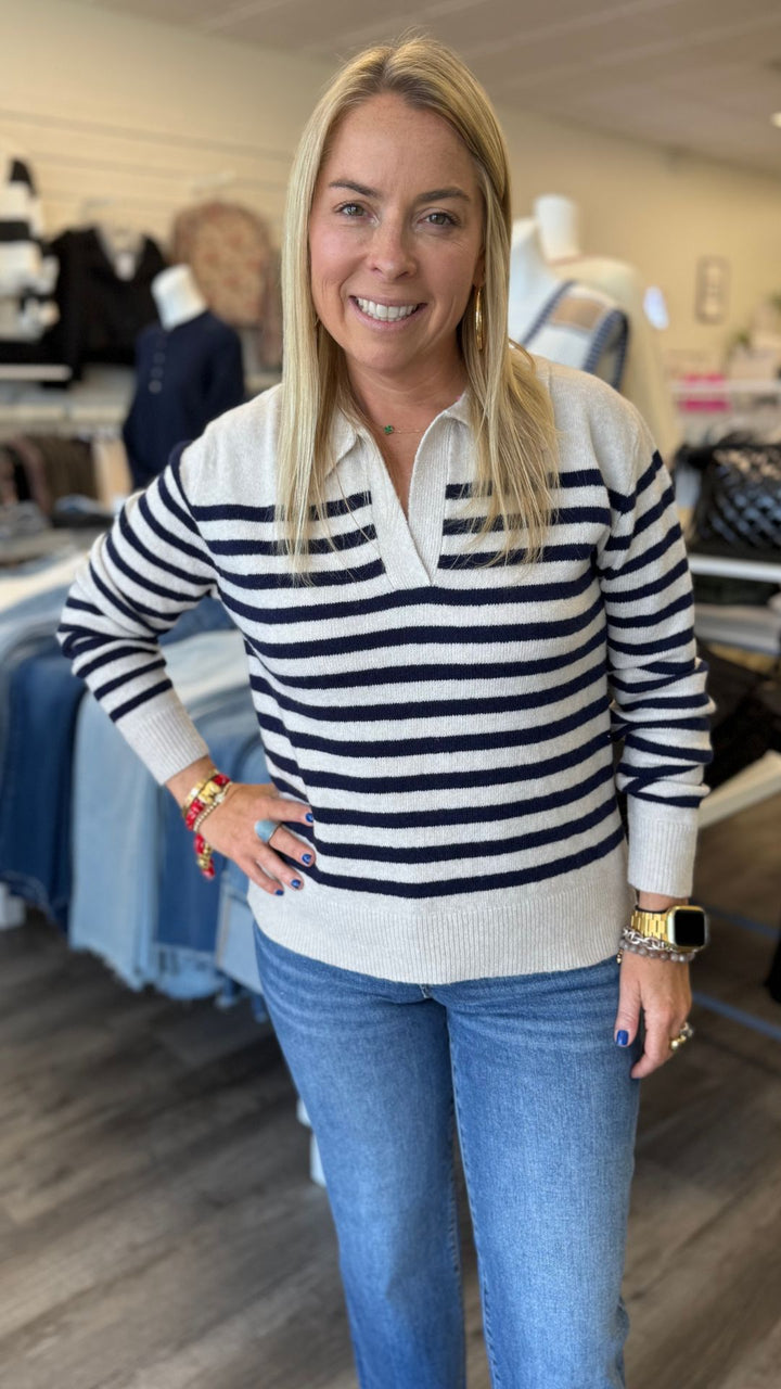 Soft Fuzzy Navy Striped Polo Sweater