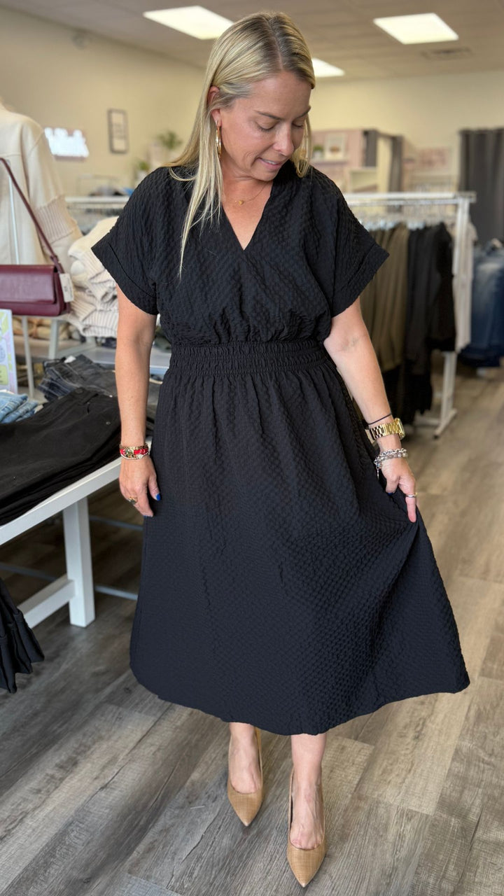 Textured Split Neck Smocked Waist Midi Dress