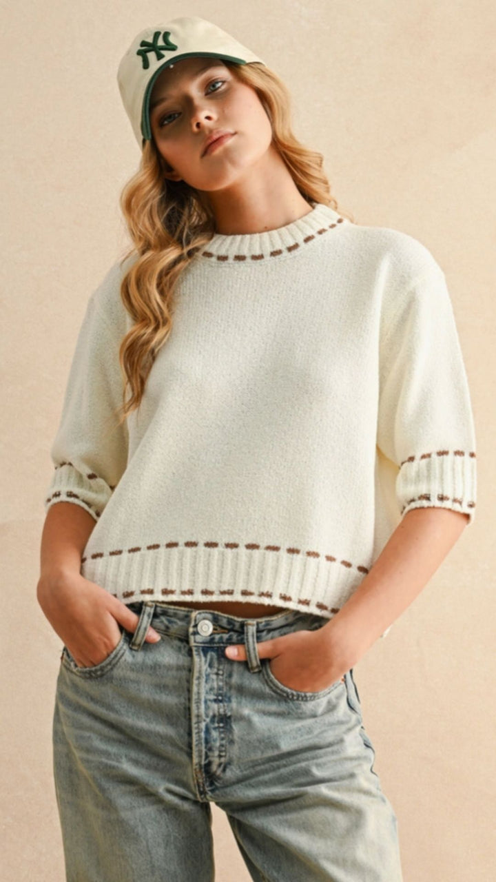 Brown Stitch Detail Short Sleeve Sweater