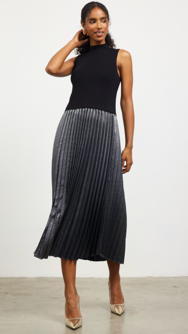 Pleated Contrast Mock Neck Dress