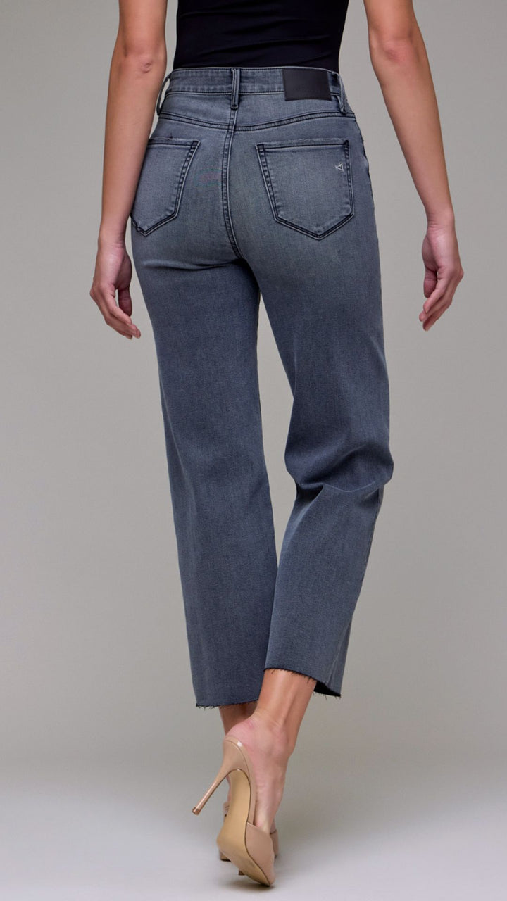 High Rise Grey Wash Cropped Classic Straight Jeans