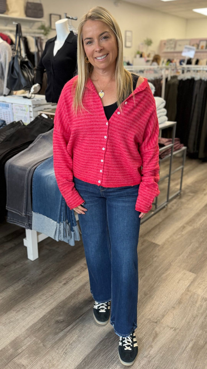 Cherry Red Mini Striped Piper Sweater Cardigan