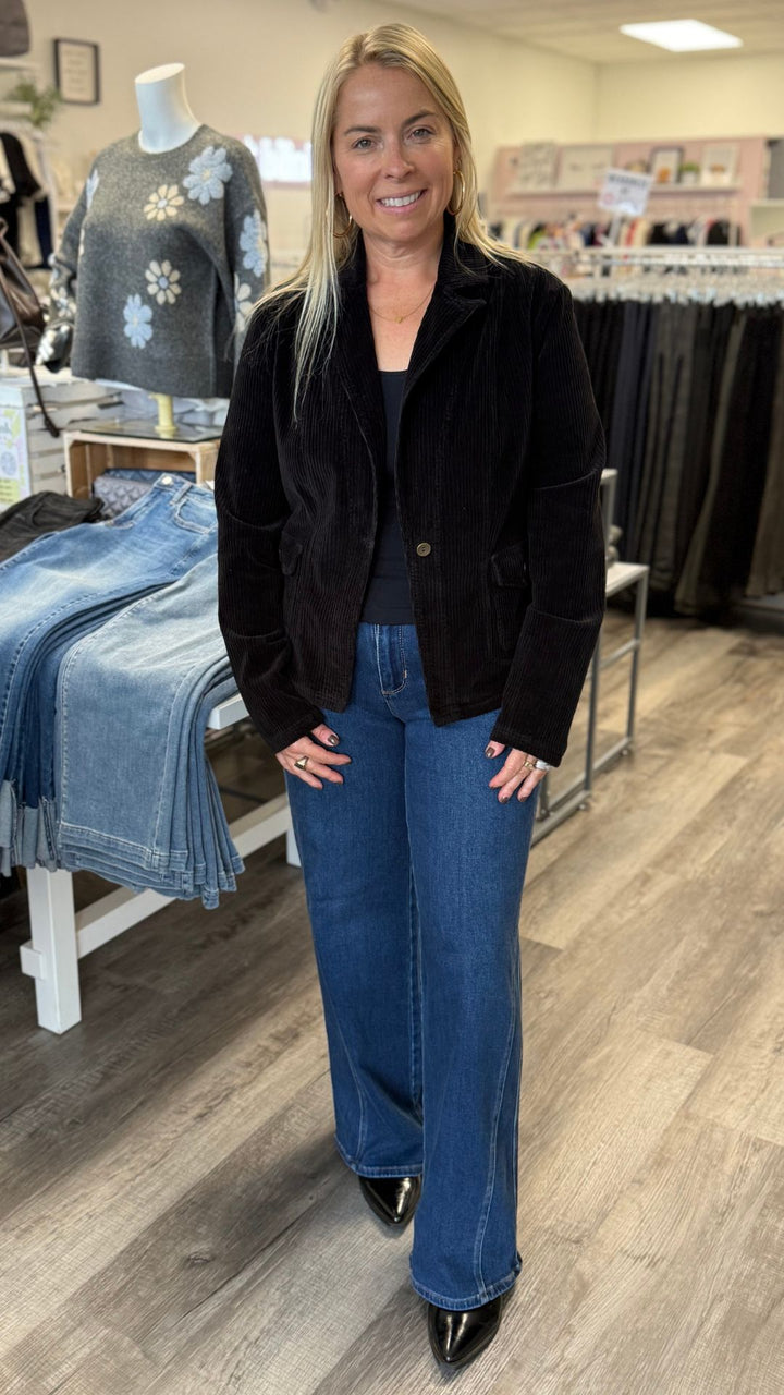 Mid Rise Dark Wash Full Length Seamed Wide Leg Jeans