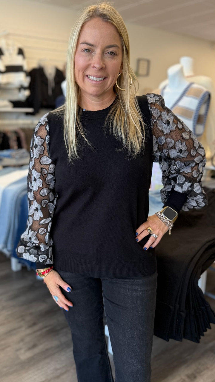 Contrast Embellished Sleeve Crew Neck Sweater