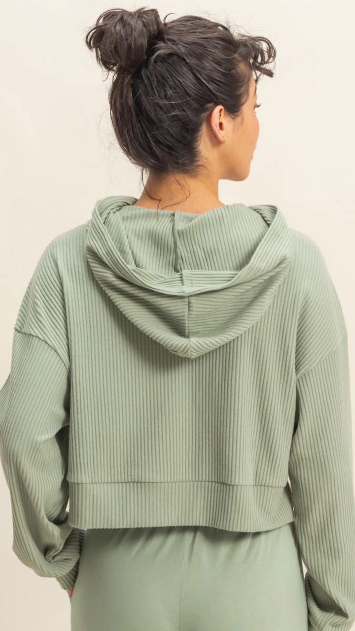 Sage Green Drop Shoulder Casual Cropped Ribbed Hoodie