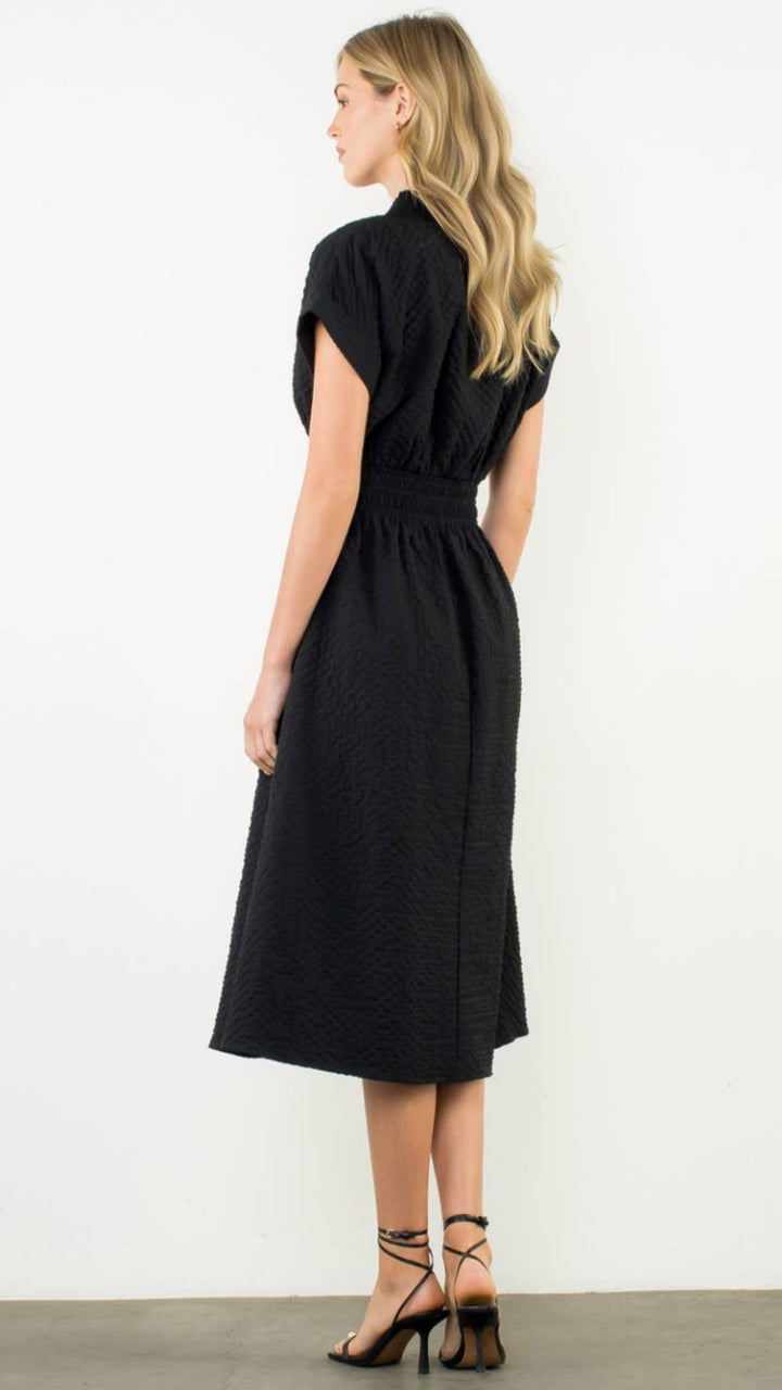 Textured Split Neck Smocked Waist Midi Dress