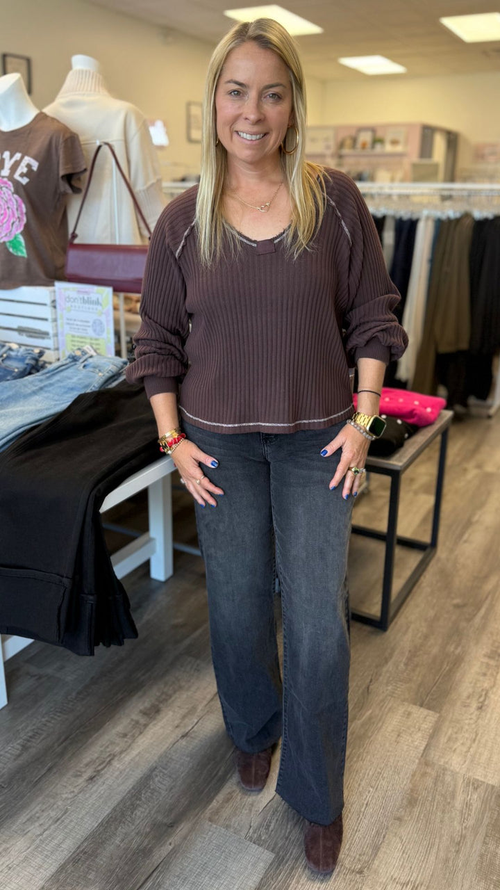 Homebody V Neck Rib Long Sleeve