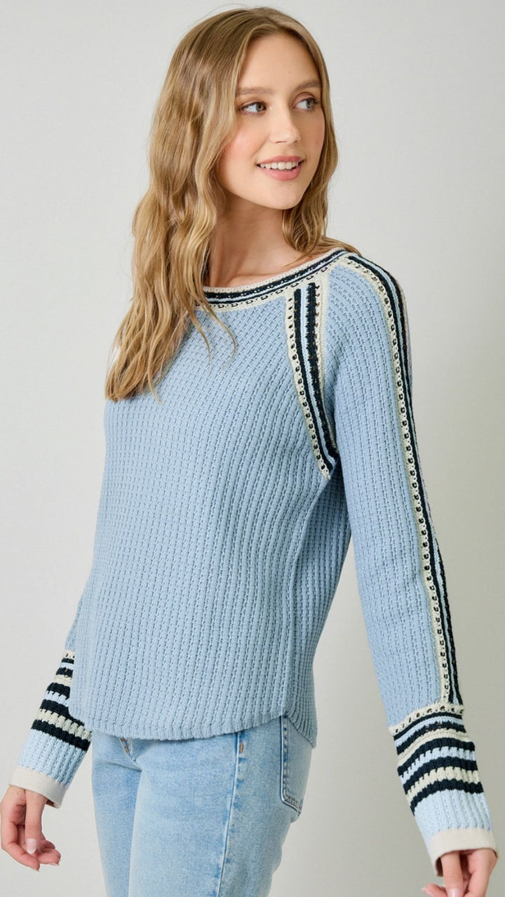 Soft Blue Raglan Sleeve Trim Detail Sweater Top