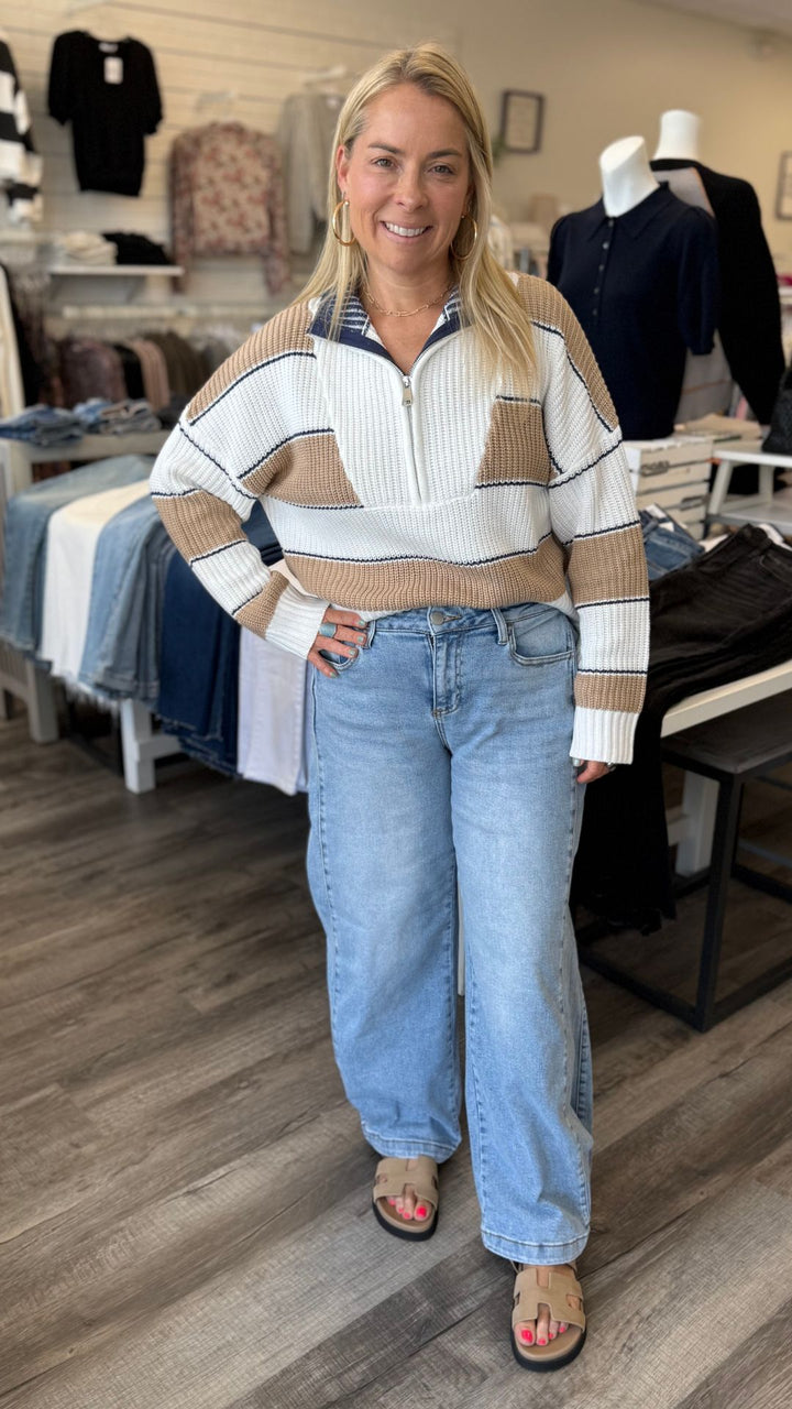 Camel Quarter Zip Colorblock Sweater