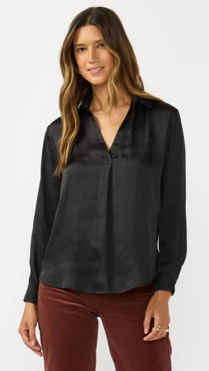 Black Split Neck Satin Blouse