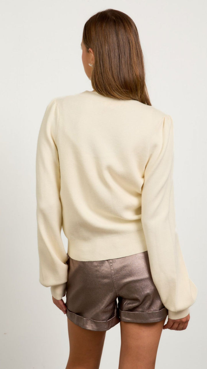 Cream Ribbon Trim Puff Sleeve Cardigan