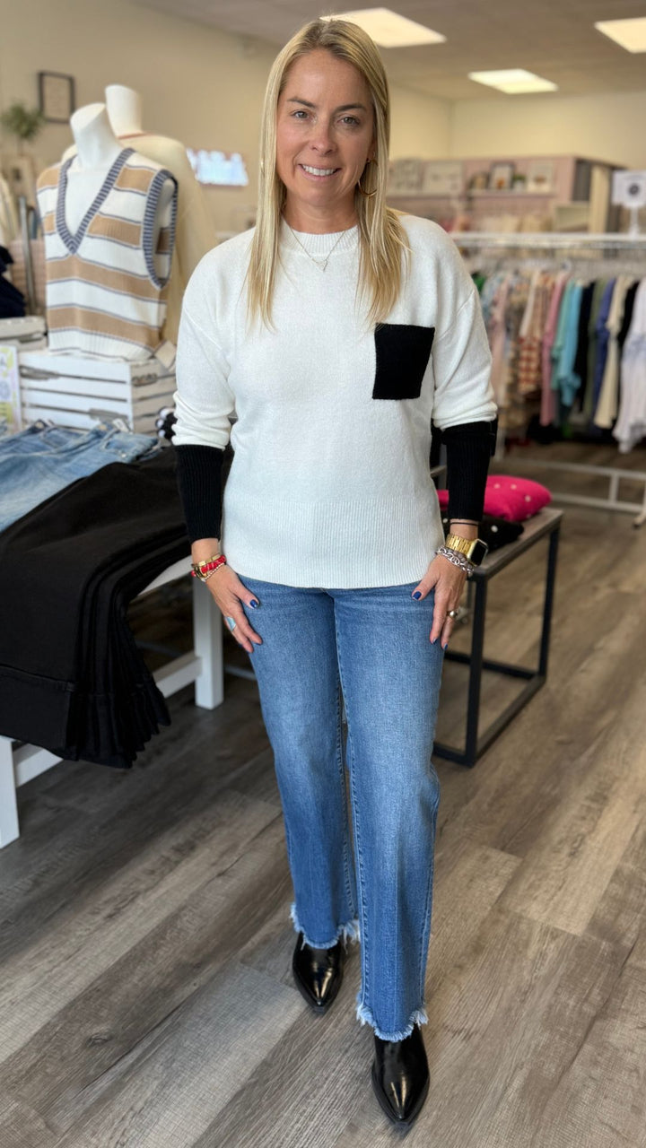 High Rise Tummy Control Medium Wash Frayed Bottom Straight Jeans