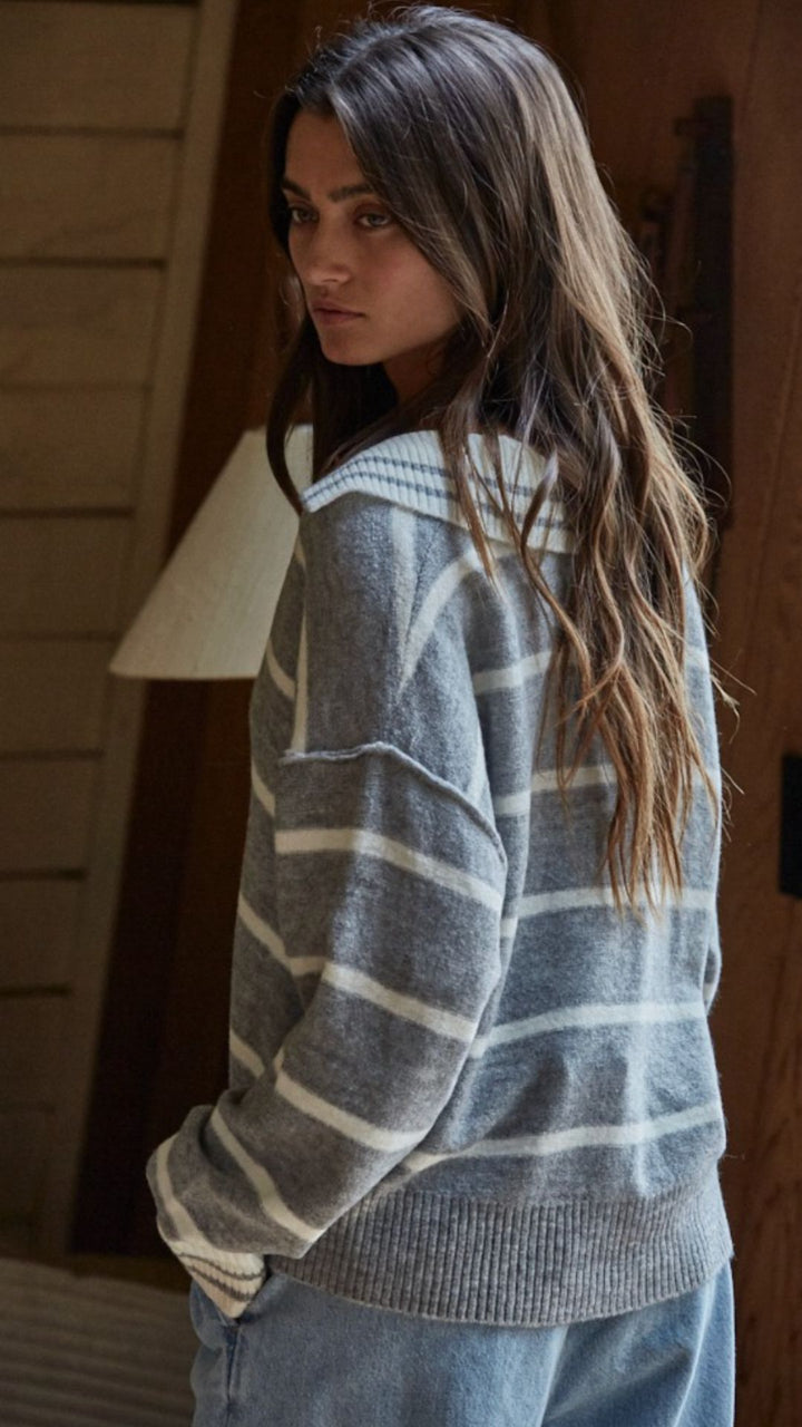 Gray Ivory Knit Sweater Striped Collar V Neck Long Sleeve Top