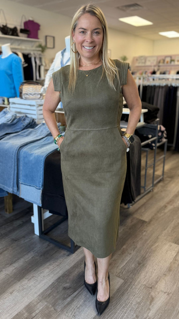 Olive Sleeveless Suede Dress