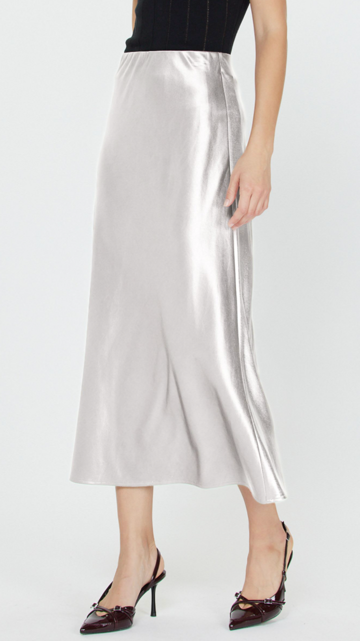 Silver Metallic Silk Midi Skirt