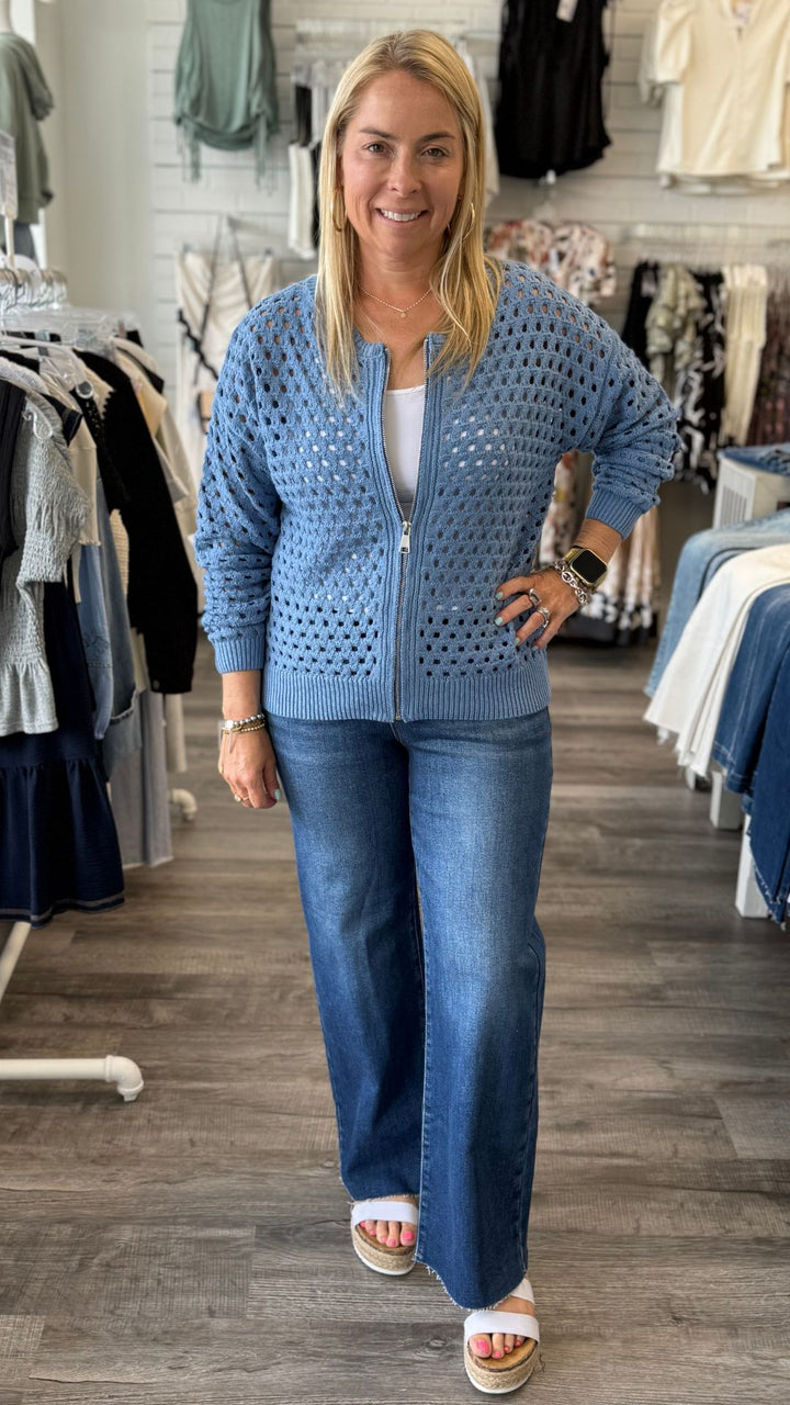 Blue Open Knit Sweater Cardigan