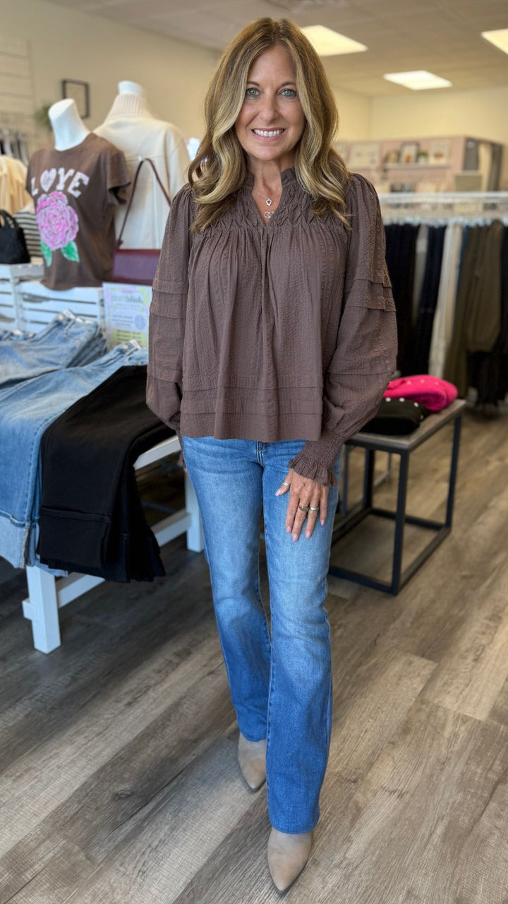 Smocked Cuff Textured Long Sleeve Blouse