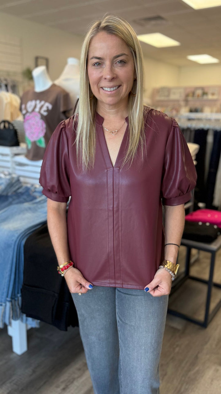 Burgundy Puff Sleeve Leather Top