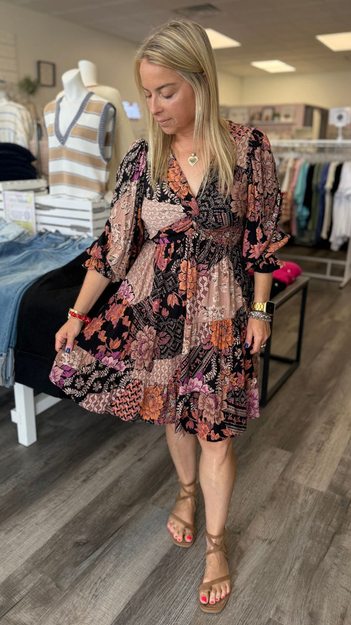 Twist Front Long Sleeve Patchwork Print Dress