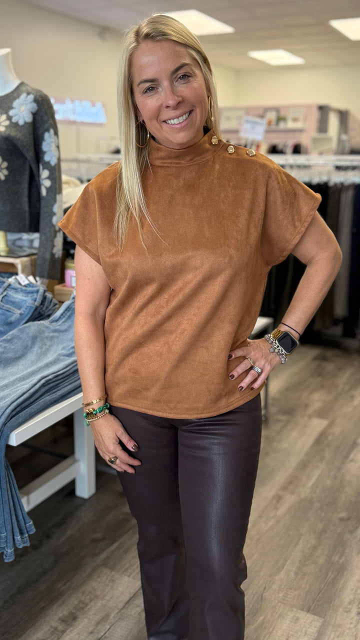 Camel Button Detail Short Sleeve Suede Top