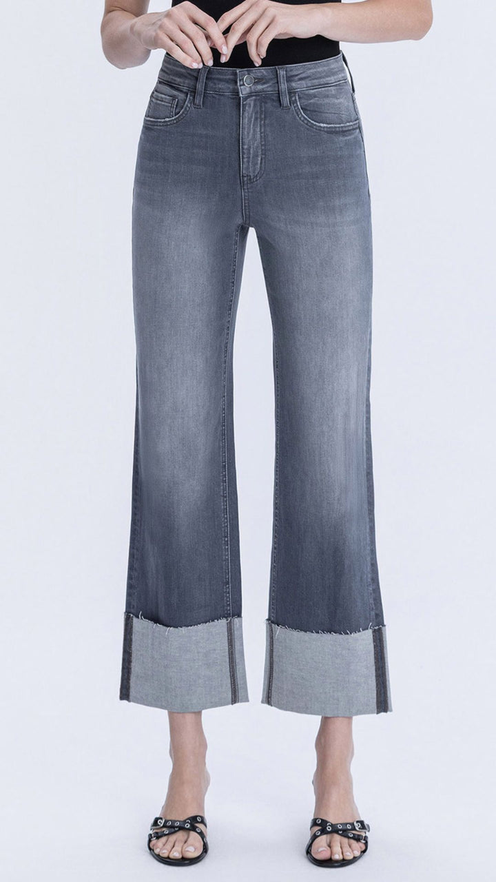 High Rise Dark Gray Cuffed Slim Wide Leg Jeans