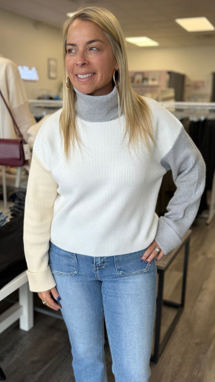 Colorblock Mock Neck Sweater