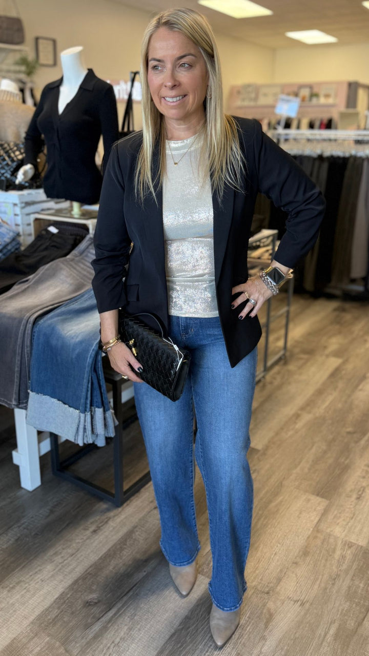 Black Shirred Sleeve Blazer